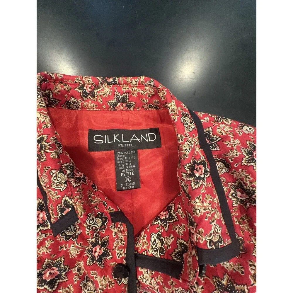 Vintage Silkland 100% Silk Jacket Blazer Red Black Floral Size Petite Large